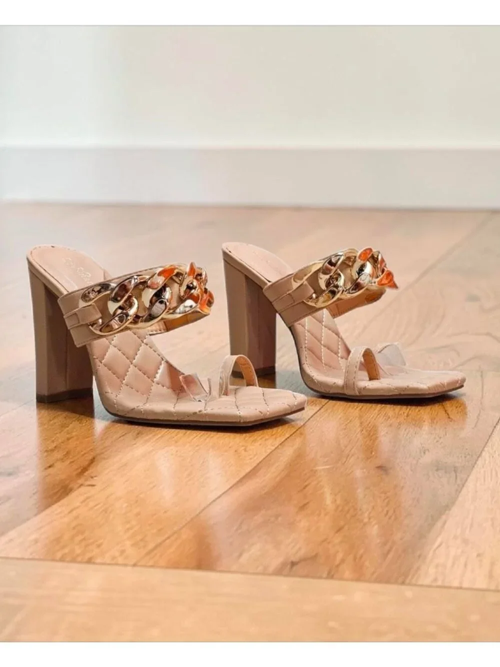 Quilted Nude Heeled Sandals With Gold Chain Detail & Square Toe Design - Picture 3 of 10